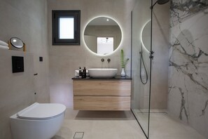 Shower, rainfall showerhead, designer toiletries, hair dryer - Pomaria Boutique Residences  (Lefkada)