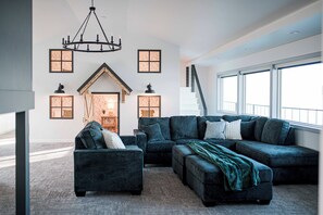 Smart TV, fireplace, books