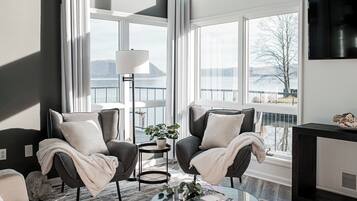 TV connectée, cheminée, livres