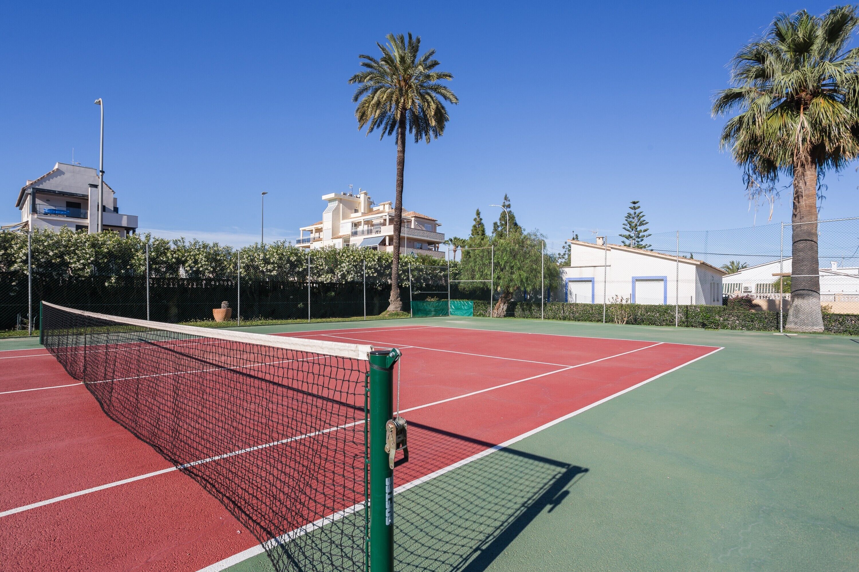 A tennis court with a net, surrounded by palm trees and buildings.