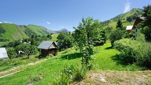 Een landelijk landschap met een klein houten huisje, weelderige begroeiing en verre bergen.