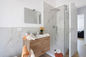 Shower, hair dryer, towels