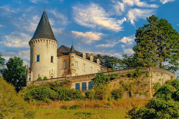 A castle with a prominent tower, a large building with multiple windows, and a surrounding stone wall.
