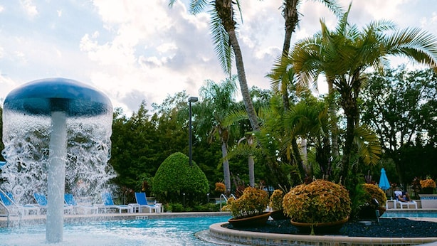 A pool area with a central water feature, surrounded by palm trees and lounge chairs.