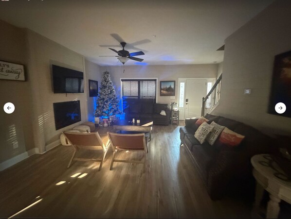 Smart TV, fireplace, video games, DVD player