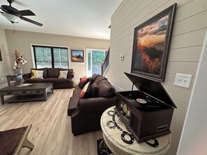 Smart TV, fireplace, video games, DVD player