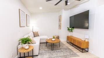 Smart TV, fireplace, foosball