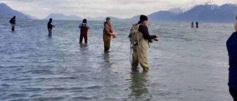 A group of people wading in a body of water with mountains in the background.