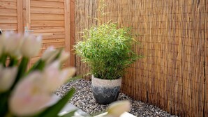 A garden with a bamboo fence, a potted plant, and a wooden gate.