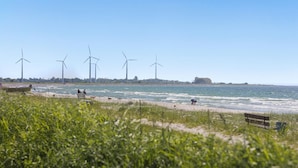 Una playa con aerogeneradores al fondo, un banco y un primer plano con césped.