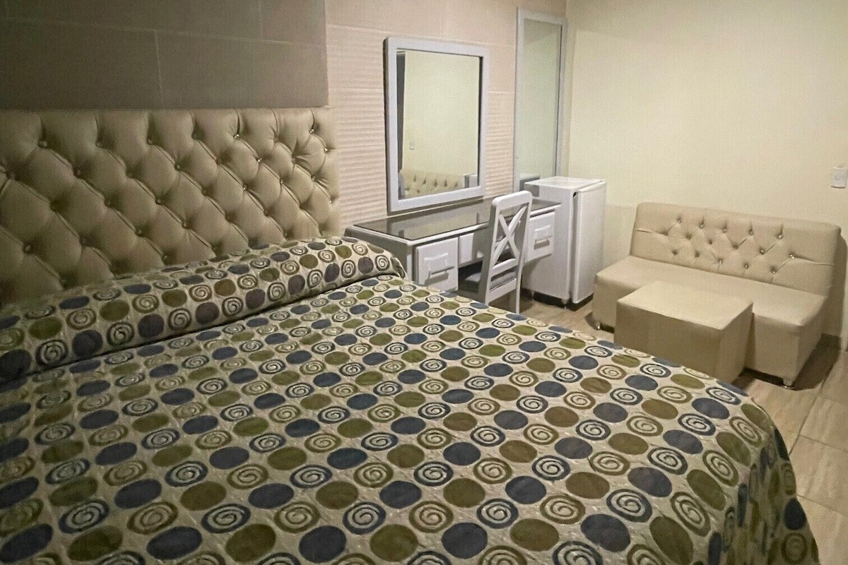 Una habitación de hotel con una cama grande, un escritorio, una silla y un sofá.