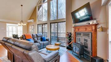 Smart TV, fireplace, books