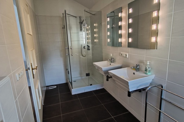 Shower, towels, soap, toilet paper