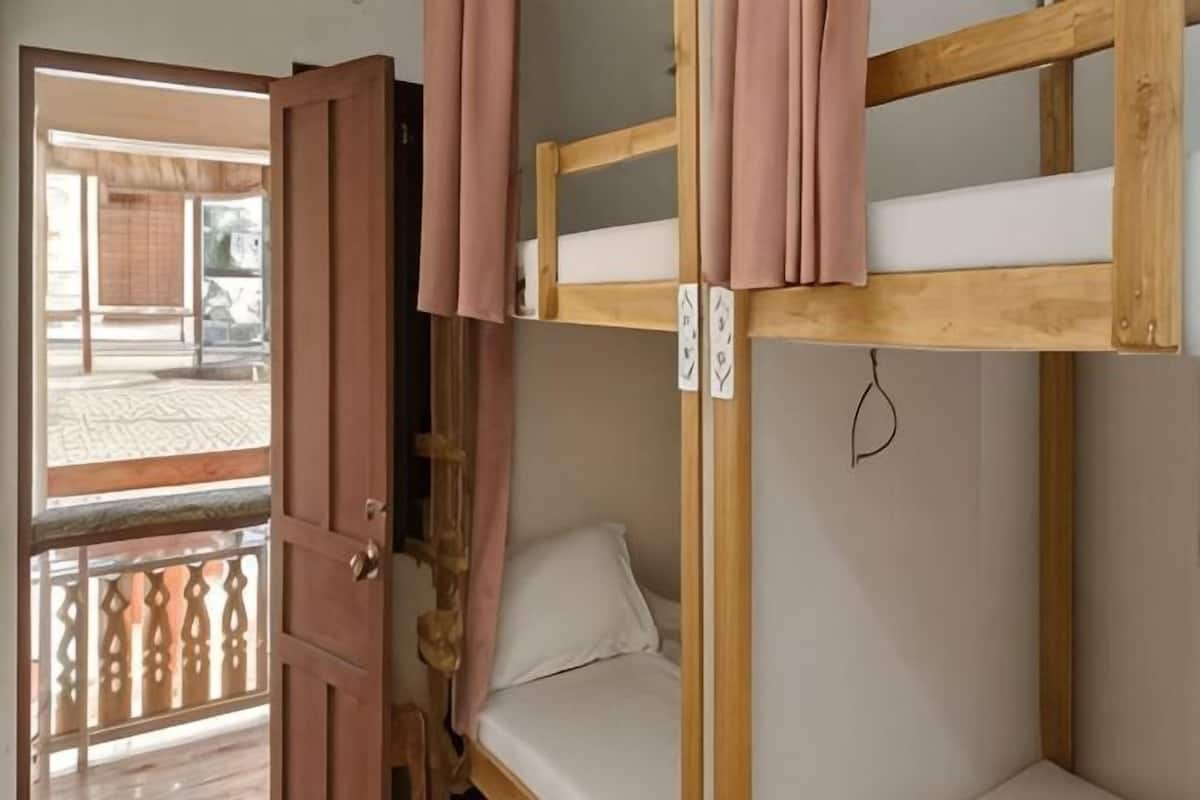 A bunk bed with a wooden frame, a door, and a view of the outside.