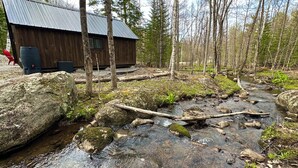 Une cabane rustique avec un toit en métal, entourée d’une forêt et traversée par un petit ruisseau.