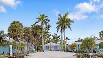 A coastal property with multiple buildings, palm trees, and a clear sky.