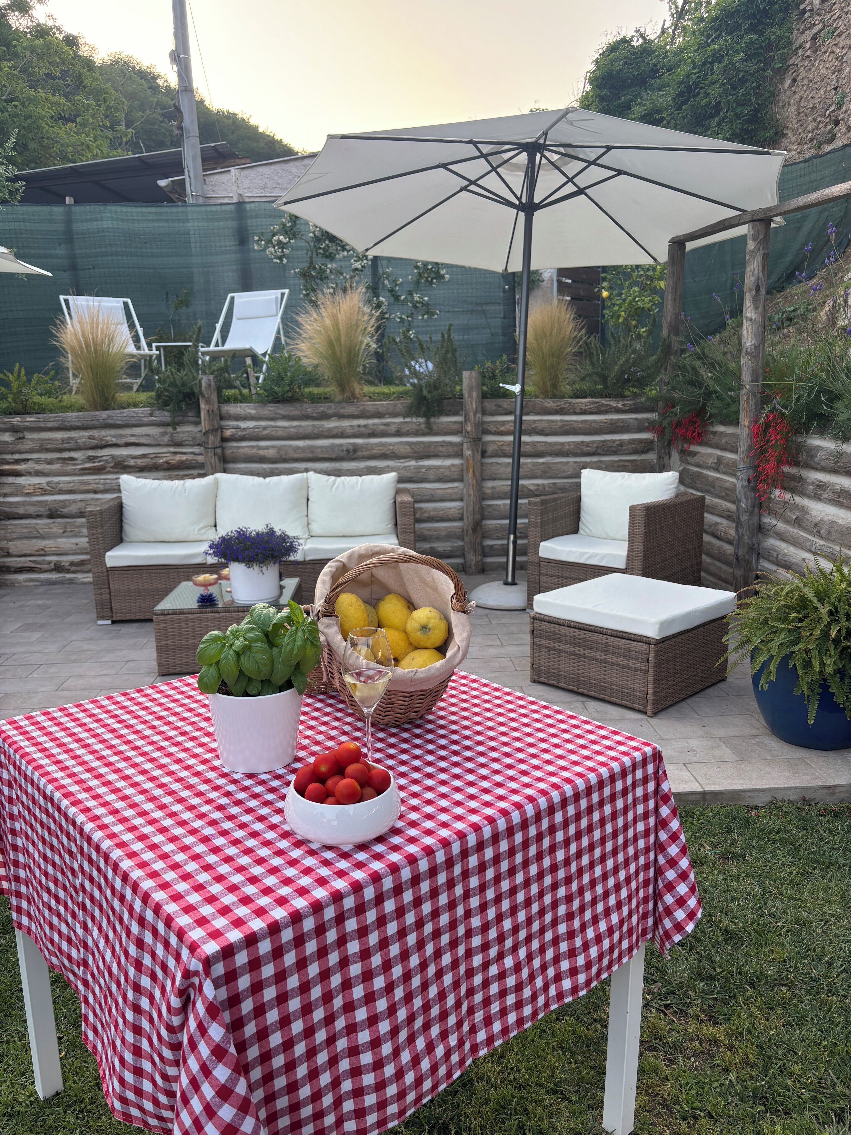 An outdoor patio with a checkered tablecloth, wicker furniture, a basket of lemons, a bowl of tomatoes, and a potted plant.