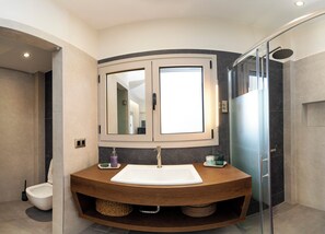 Shower, hair dryer, towels, toilet paper