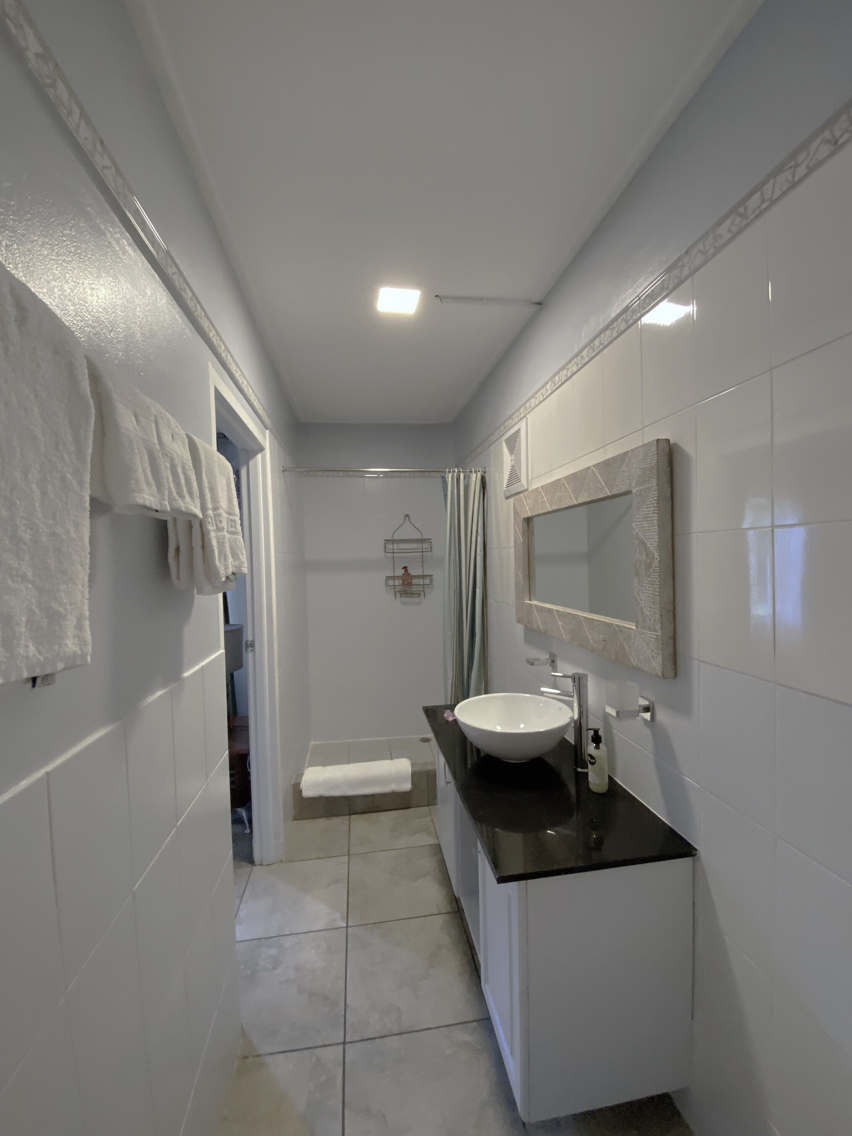 A bathroom with a white sink, black countertop, and a mirror above it. There is a towel rack on the left wall and a shower curtain visible in the background.