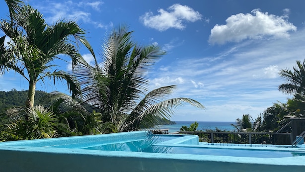 A pool area with clear blue water, surrounded by lush palm trees and a view of the ocean.