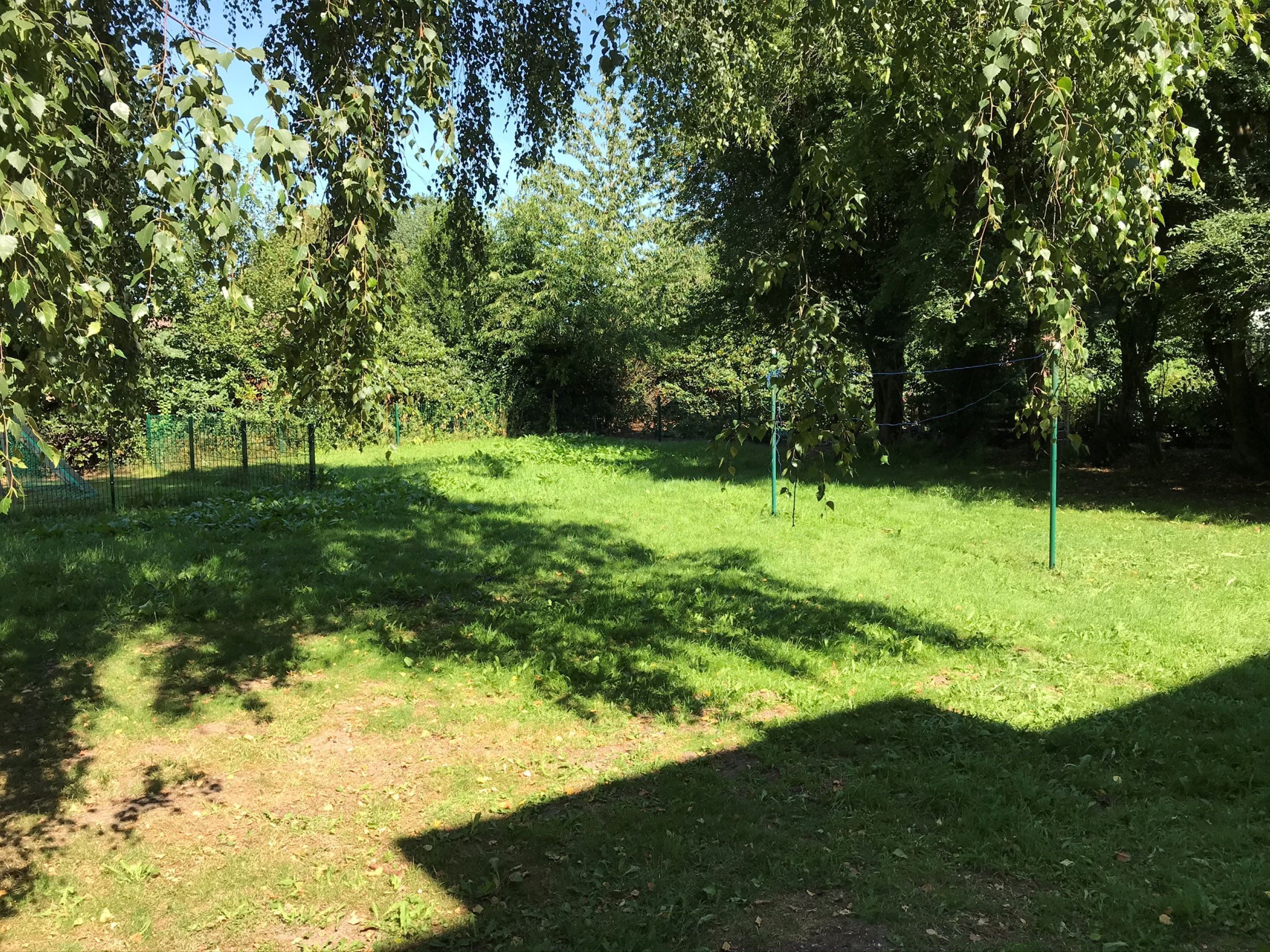Un área verde con césped, árboles y una valla.