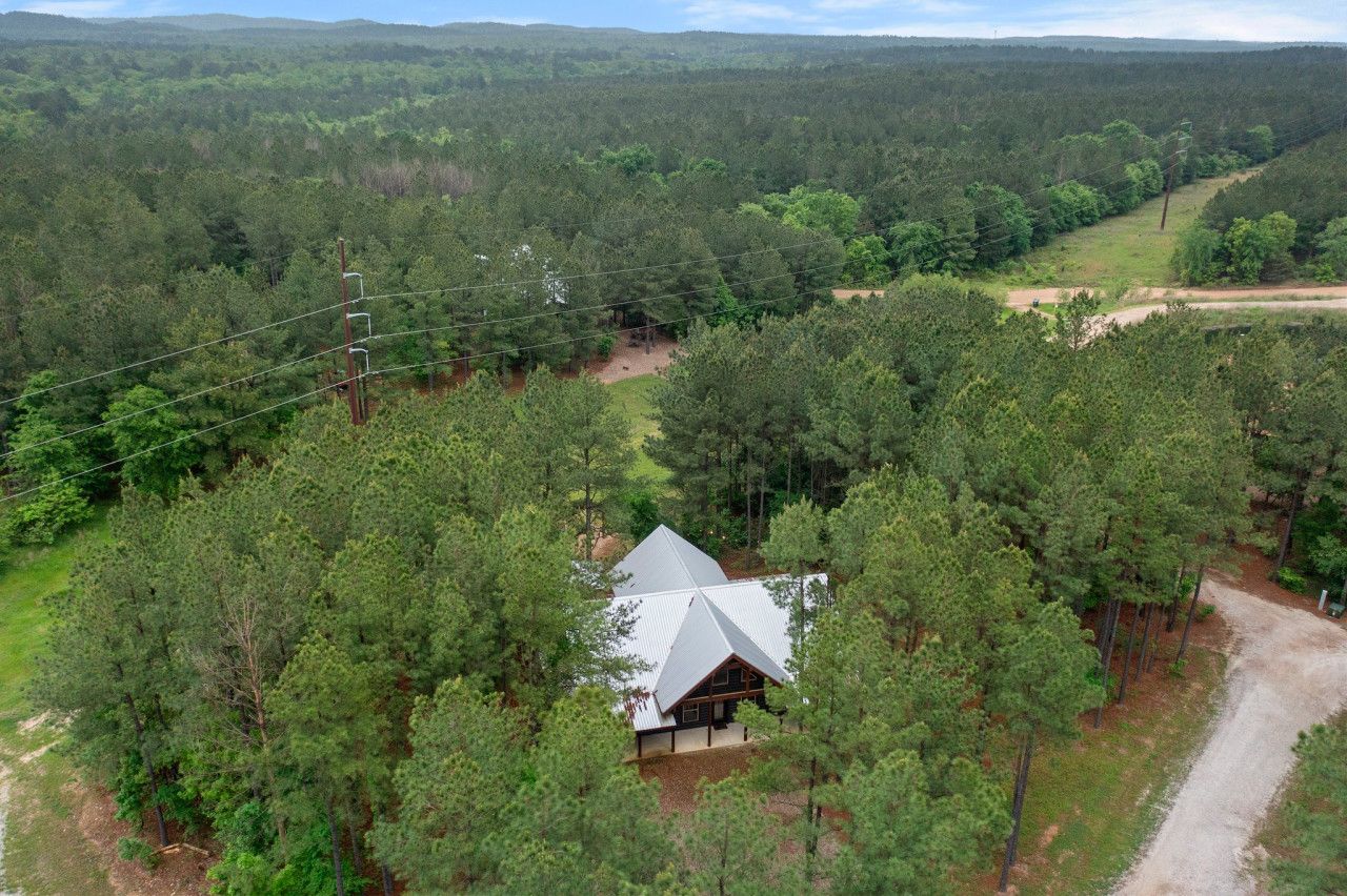 A cabin surrounded by dense forest, with a dirt road leading to it.