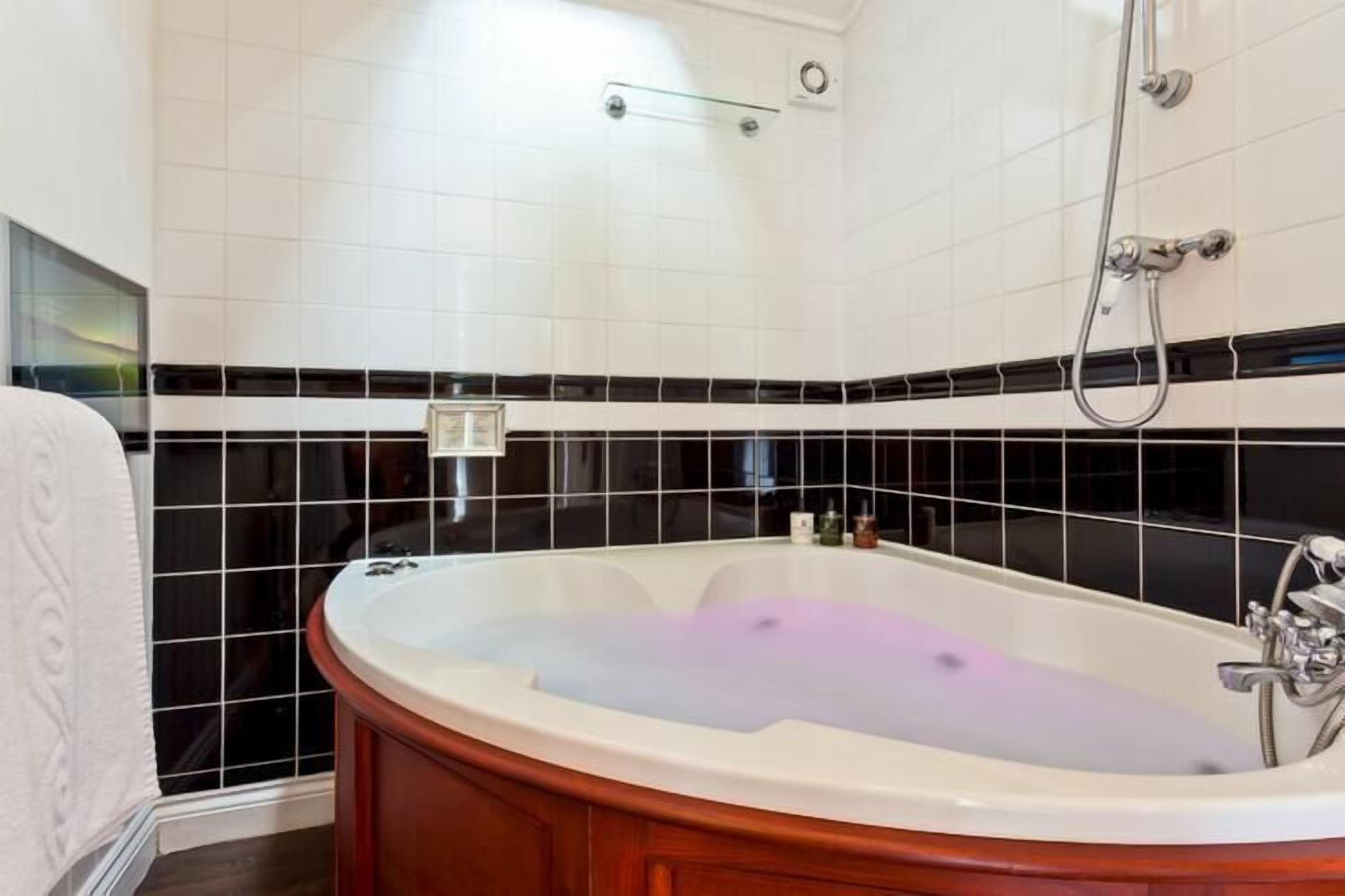 A bathroom with a freestanding bathtub, a showerhead, and a towel rack.