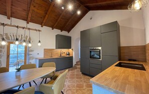 Fridge, stovetop, dishwasher, coffee/tea maker