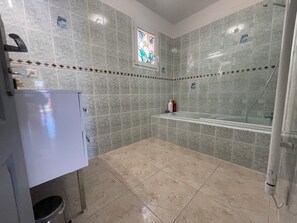 Shower, hair dryer, towels, toilet paper