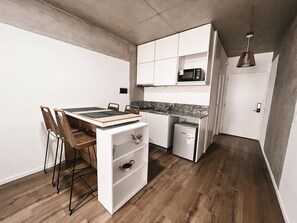 Fridge, microwave, electric kettle, toaster