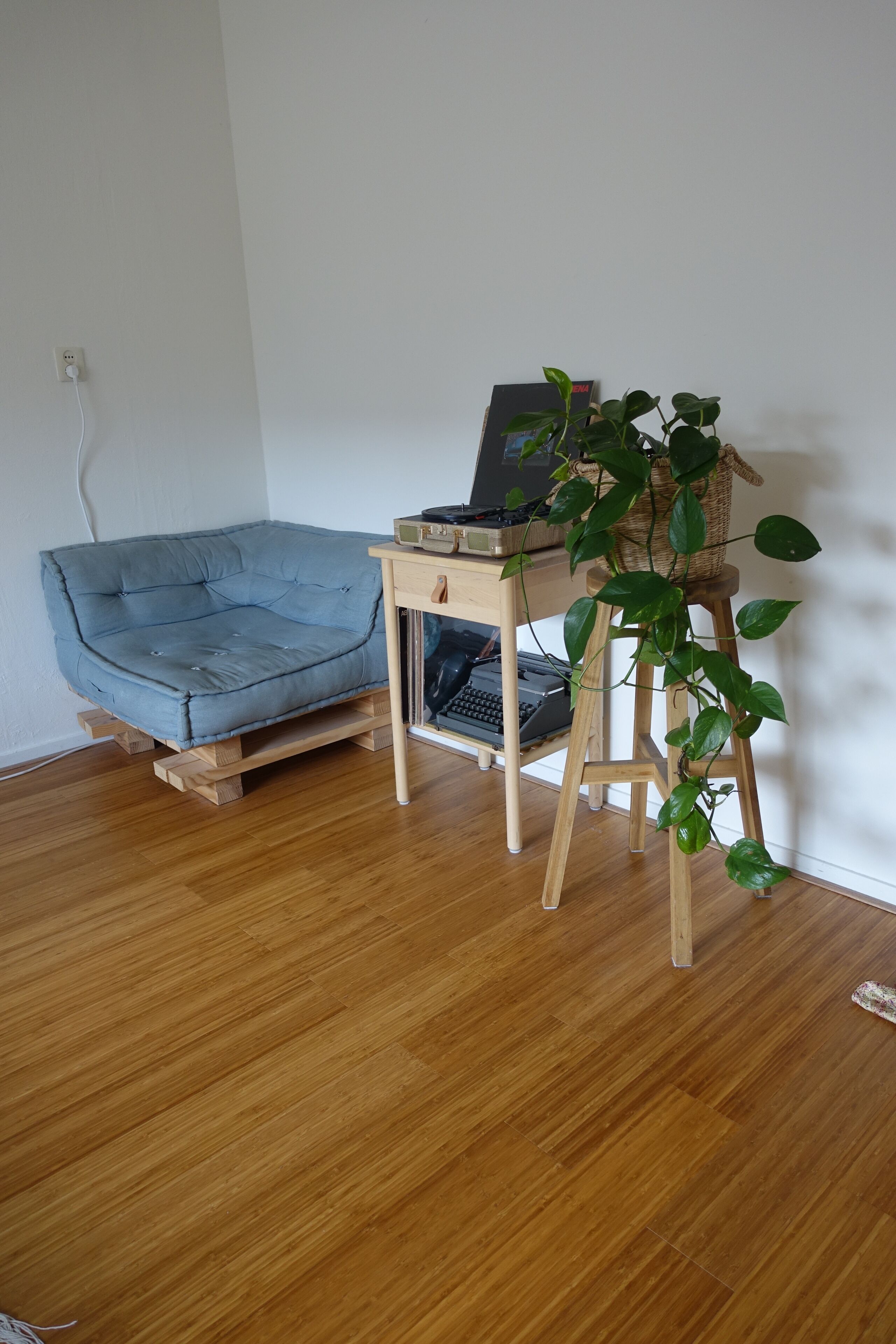 A room with a blue sofa, a wooden desk with a laptop and a plant, and a vintage radio.