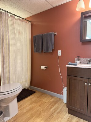 Dusche, umweltfreundliche Kosmetikartikel, Haartrockner, Handtücher