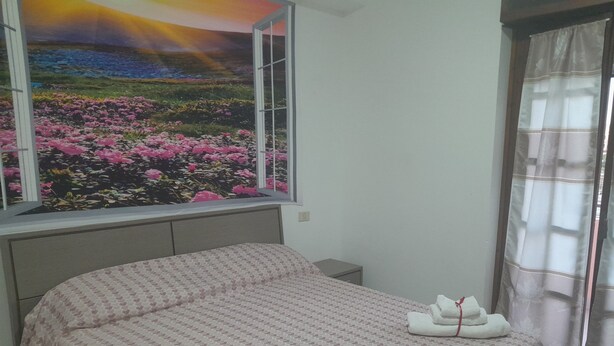 A bedroom with a bed, a window with a view of flowers, and a curtain. - Intero appartamento 70mq  (Scalea)