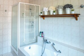 Hair dryer, towels, soap, toilet paper