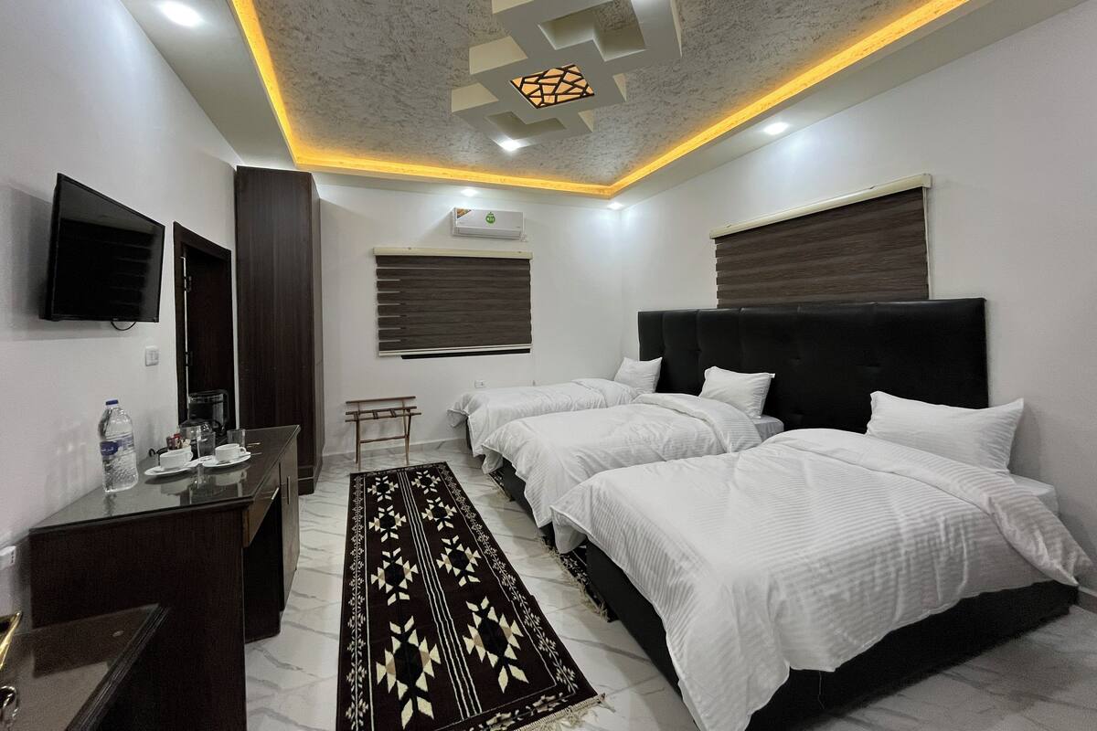 Une chambre d’hôtel moderne équipée de deux lits, d’un bureau, d’une télévision et d’un luminaire au plafond.