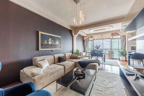 Superior Apartment | Living area | 50-inch LED TV with satellite channels - Vollga Luxury Seafront Suite (Durrës)