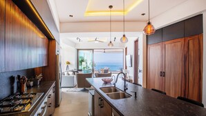 Une cuisine moderne dotée d’un îlot central, d’appareils électroménagers en acier inoxydable et offrant une vue sur la mer.