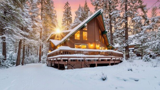 A wooden cabin with a sloped roof, surrounded by snow-covered trees.