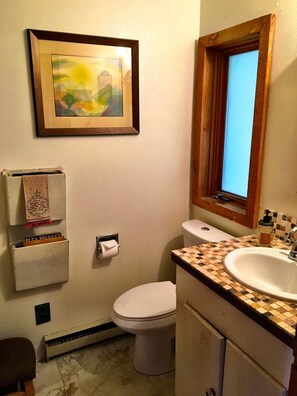 Hair dryer, towels, soap, shampoo