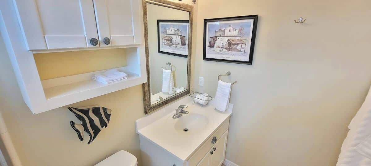 A bathroom with a white sink, a mirror, a zebra-patterned towel, and framed pictures on the wall.