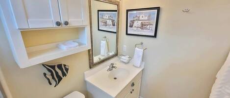 A bathroom with a white sink, a mirror, a zebra-patterned towel, and framed pictures on the wall.