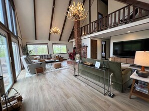 Smart TV, fireplace, DVD player, books