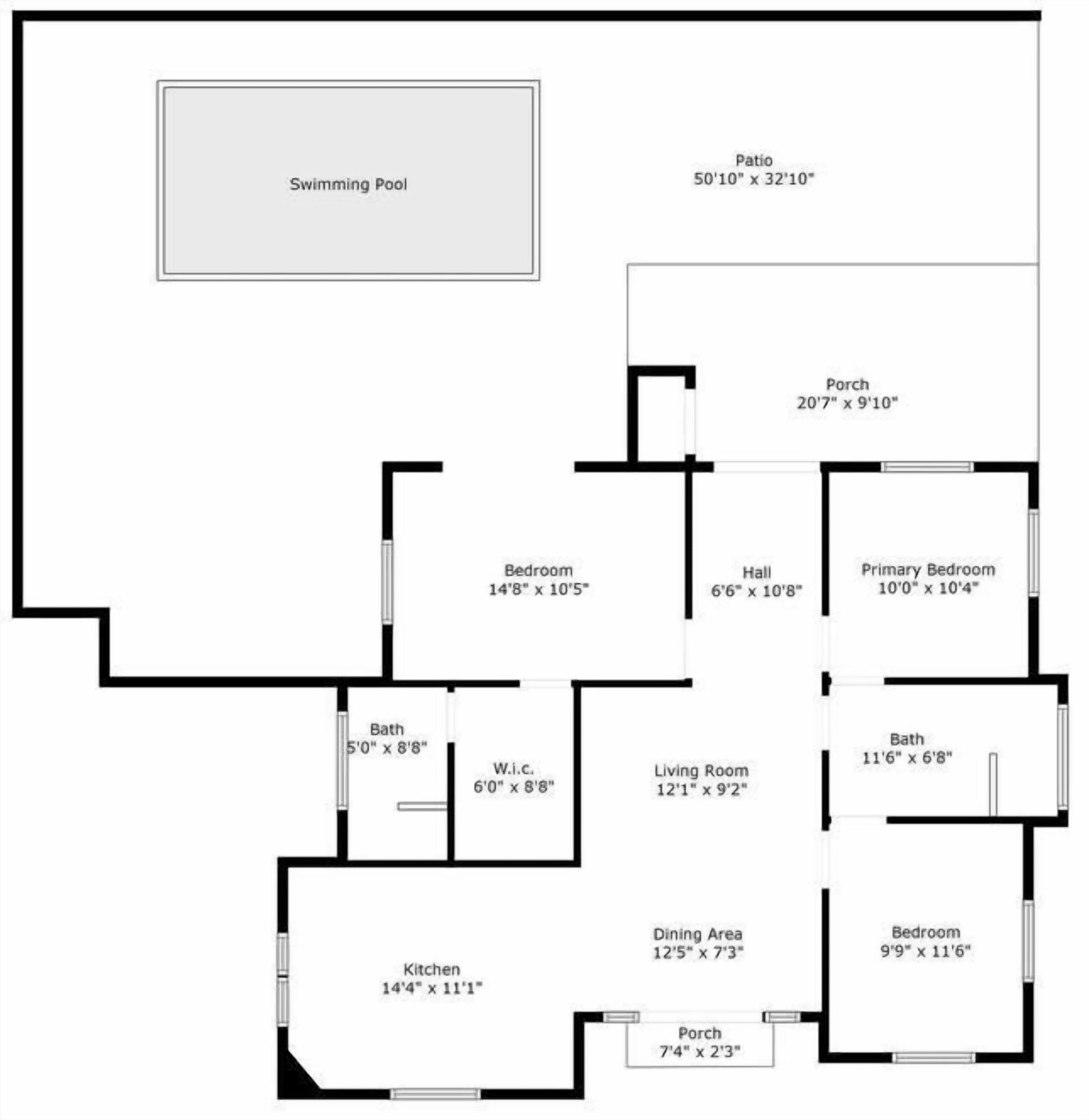 A floor plan with a swimming pool, patio, kitchen, dining area, and multiple bedrooms.