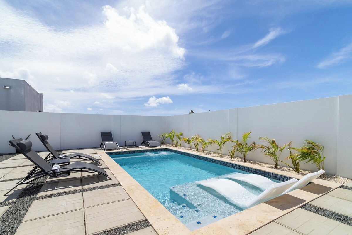 Piscina en la azotea con sillas de descanso y pequeñas palmeras.