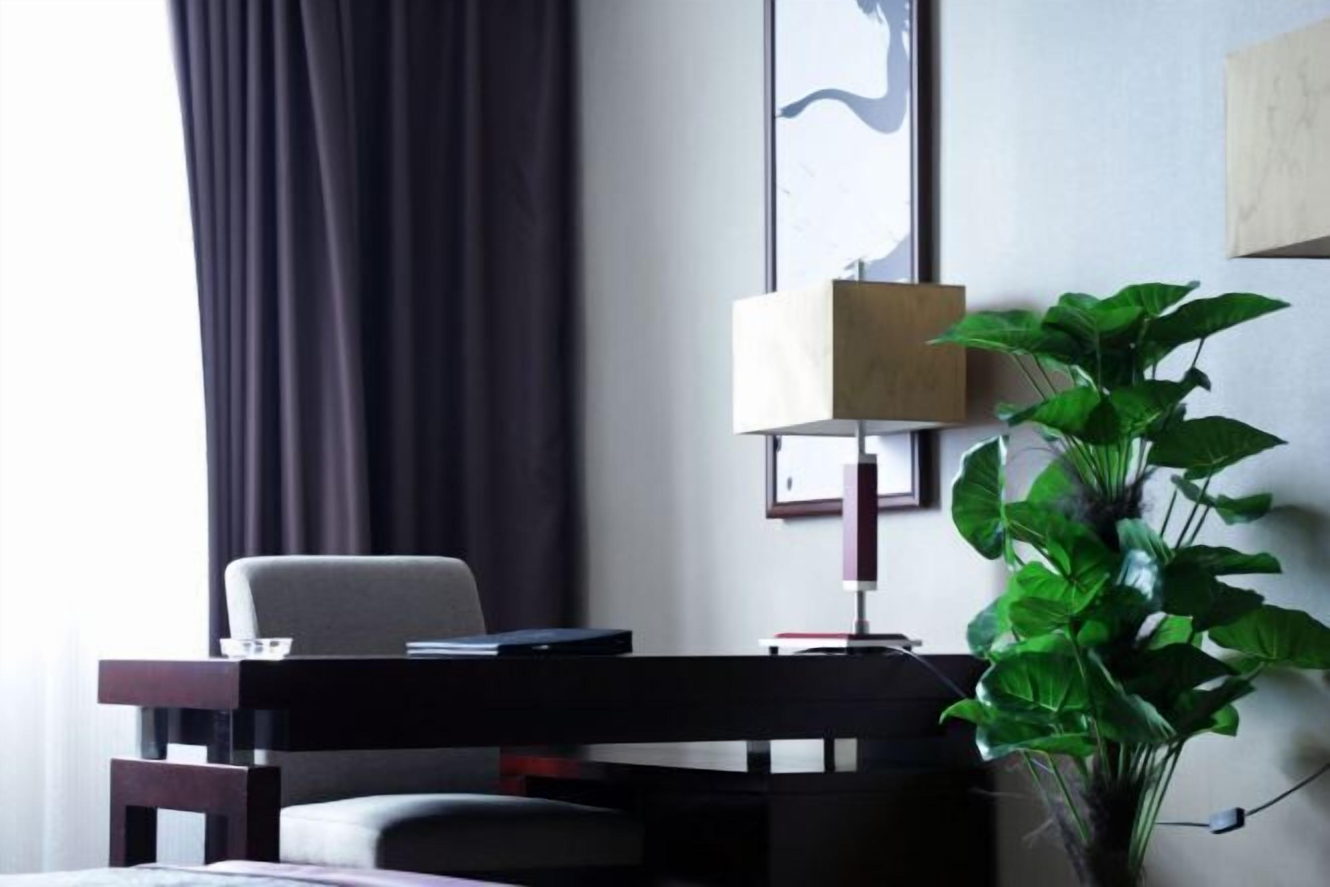 A room with a dark curtain, a chair, a desk with a lamp, and a potted plant.