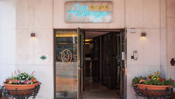 L’entrée d’un hôtel, avec une enseigne au néon, un tapis rouge et deux grands pots de fleurs.