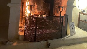Una chimenea con fuego, un cuadro enmarcado encima y un florero con flores sobre una repisa.