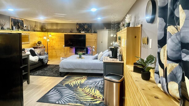 Une chambre à coucher moderne avec un lit, des tables de chevet, un téléviseur et une armoire.