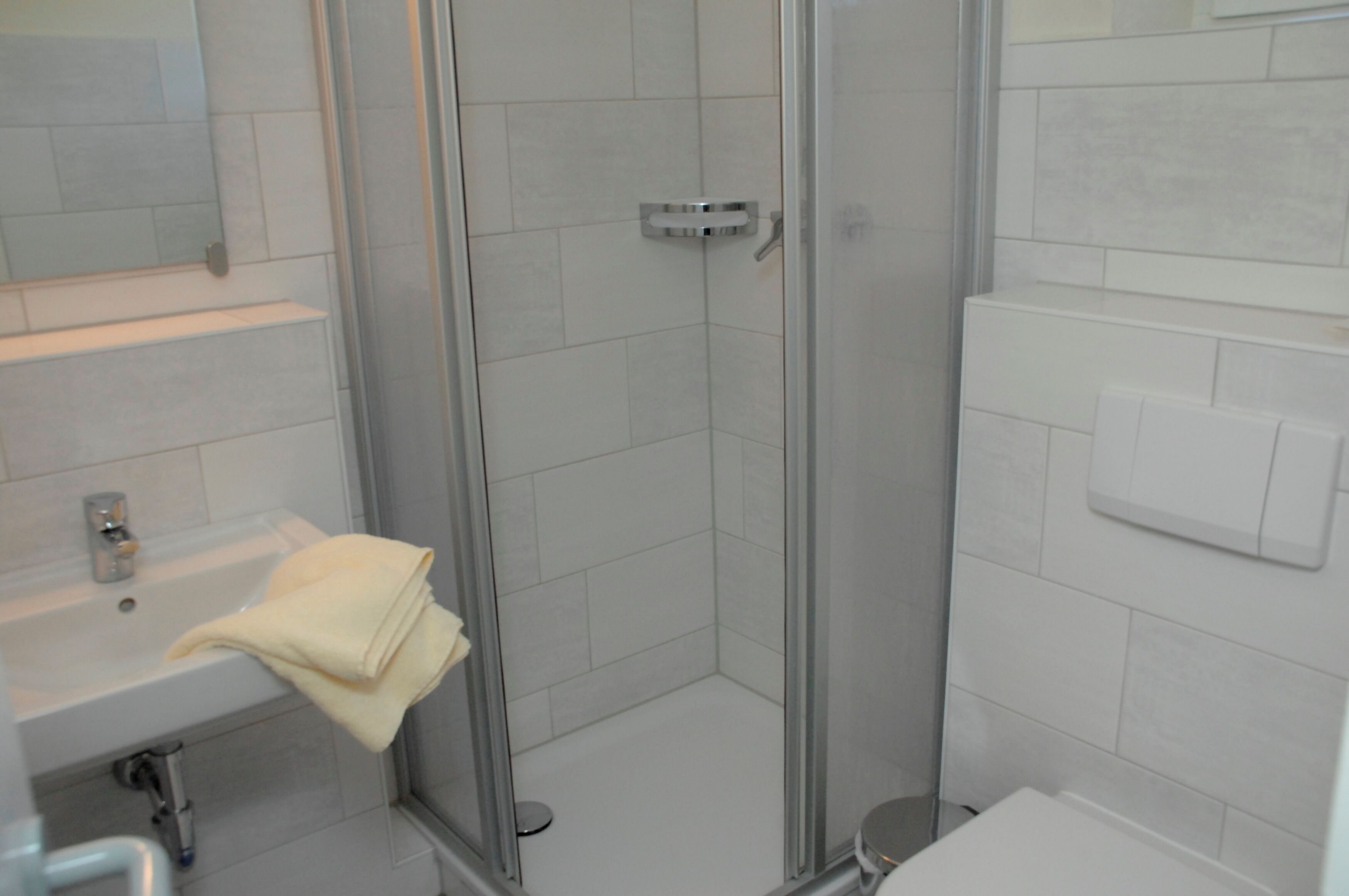 A modern bathroom with a glass shower enclosure, a white sink, and a mirror.