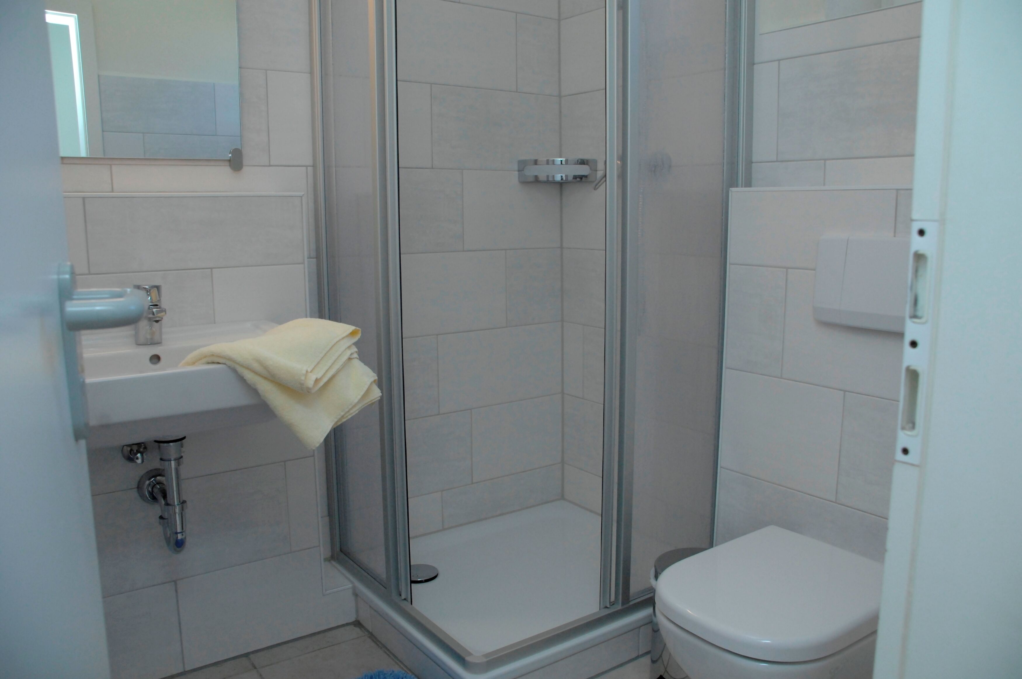 A bathroom with a glass-enclosed shower, a sink, and a toilet.